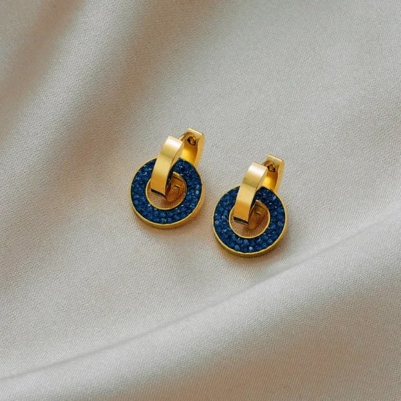 18k Gold Plated Blue Rhinestone Hoop Earrings - Picture 2 of 6